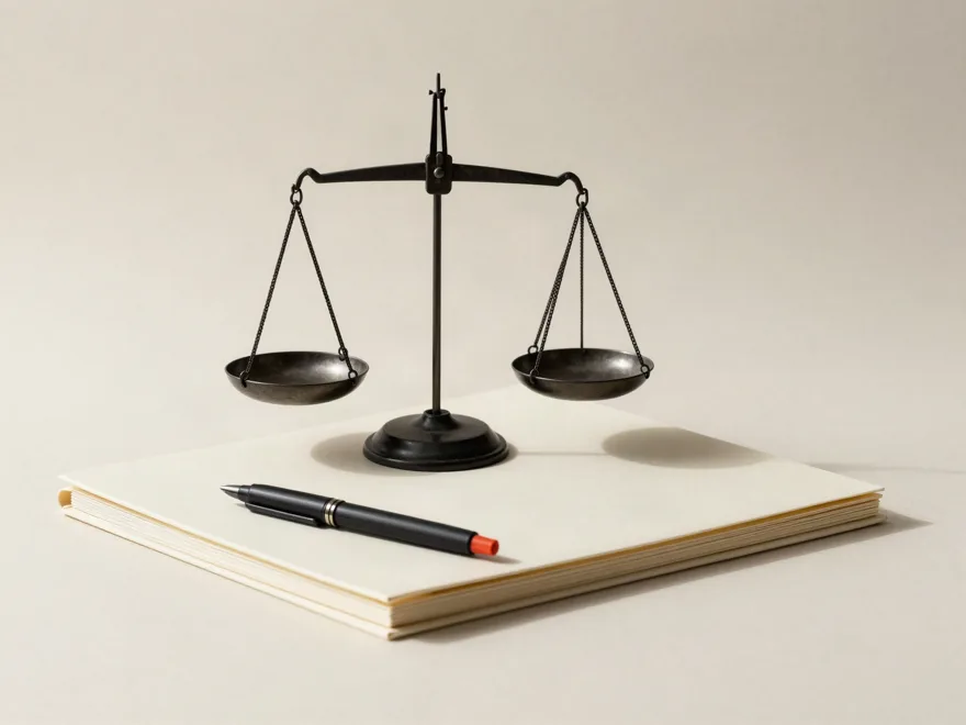 Terazi, dosya ve kalemden oluşan minimal kompozisyon