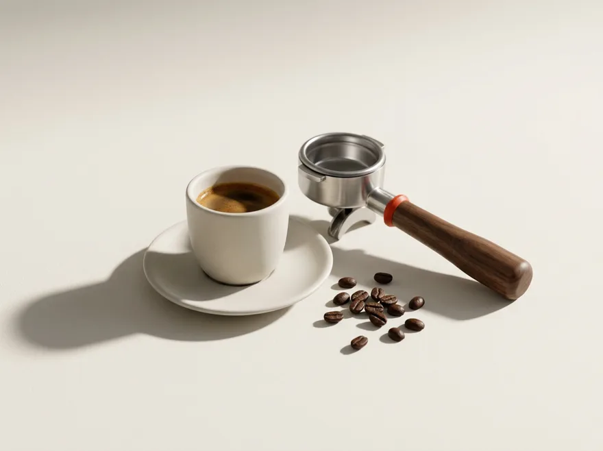 Espresso fincanı, kahve çekirdekleri ve portafiltre kompozisyonu